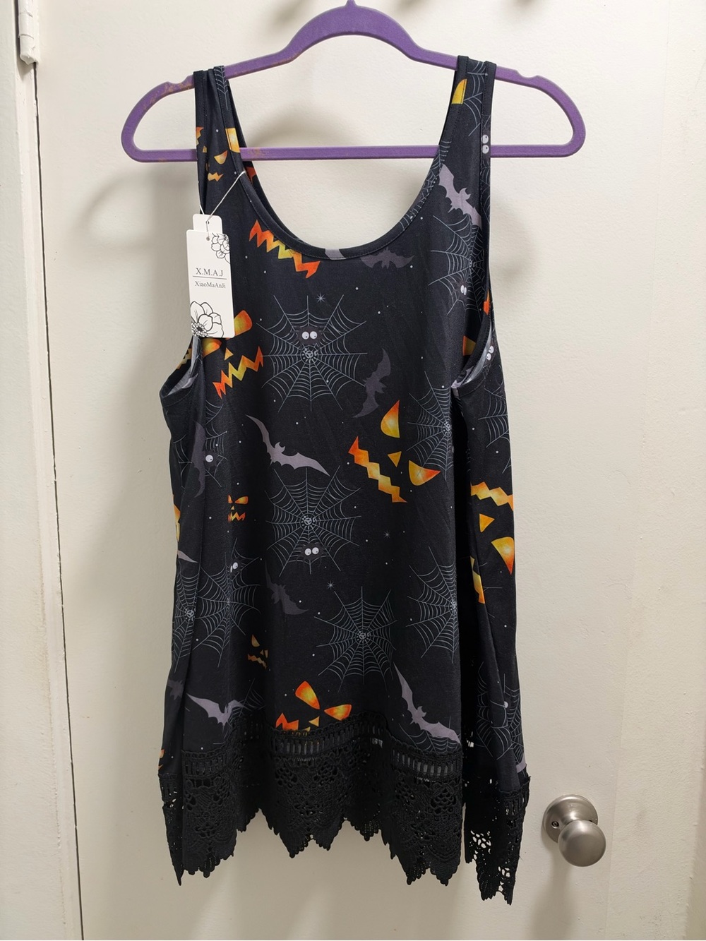 Black Halloween Print Crochet-Hem Tank Top